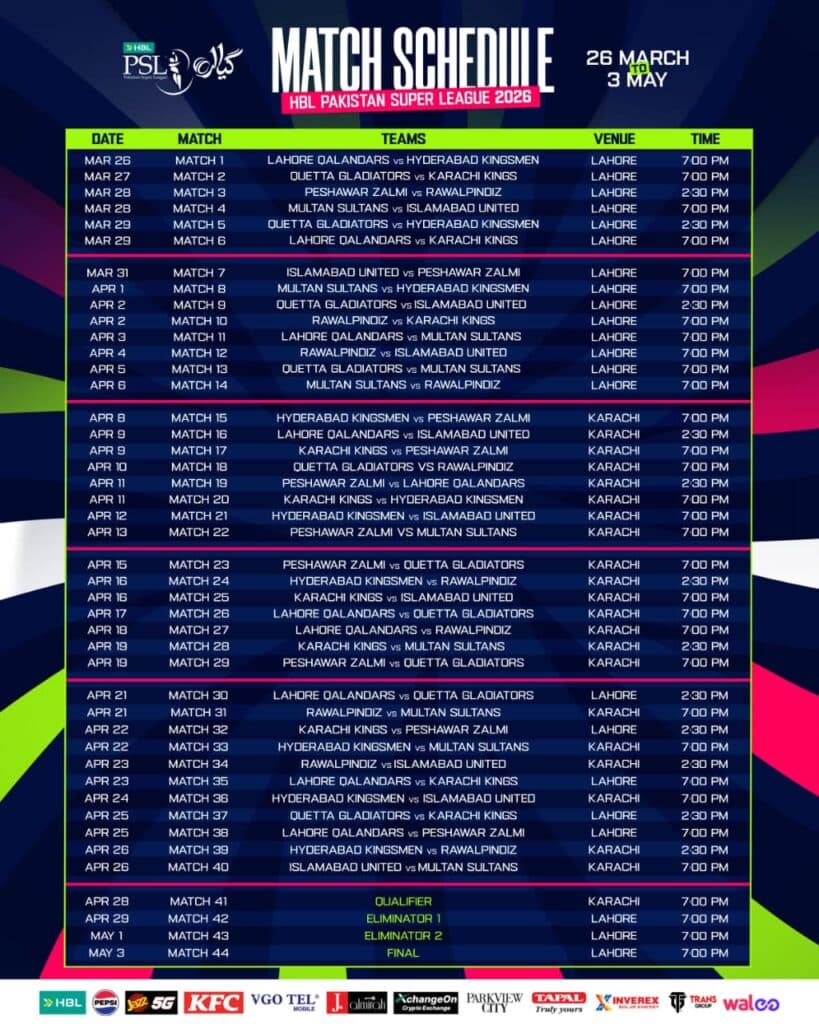HBL PSL 11 2026 Full Official Schedule and Match Timetable Poster